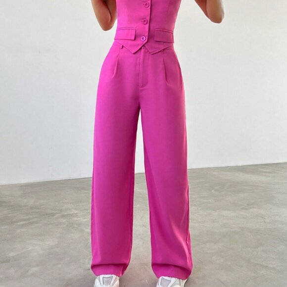 Hot Pink Casual Women's Strapless Button Up Top And Pants Set - Picture 6 of 6